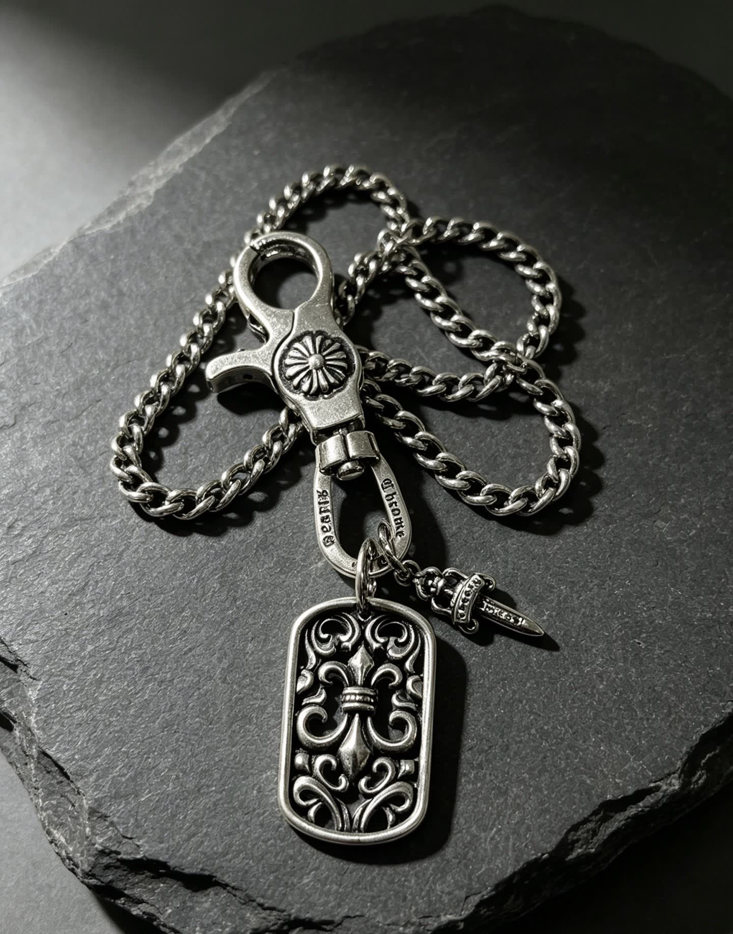 Chrome Hearts Charm Keychain with Fleur-de-lis and Dagger